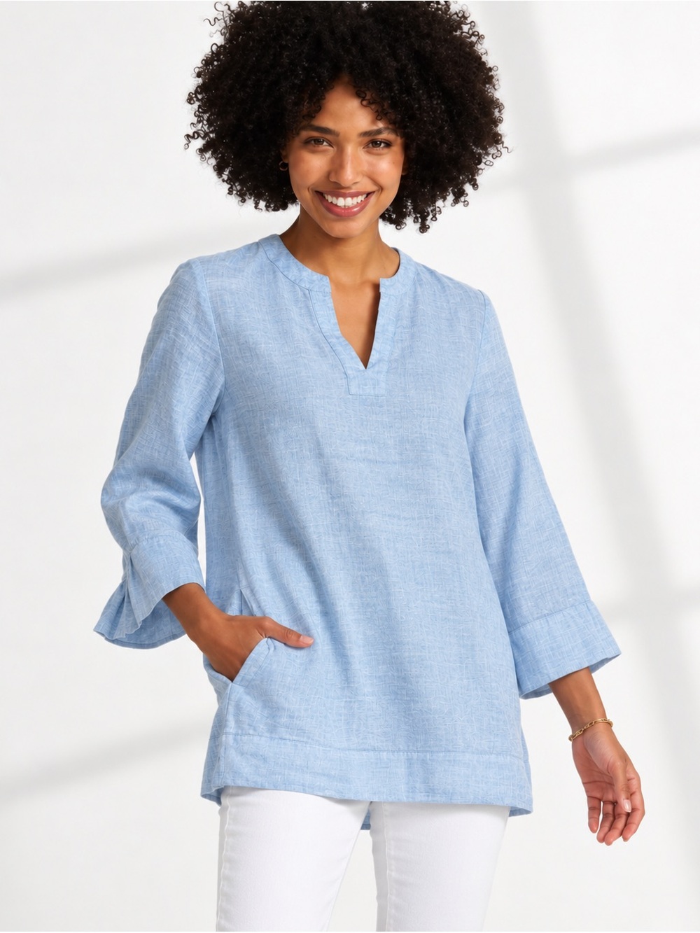 Lands' End Women's Linen Split Neck Tunic Blouse 3/4 sleeve light chambray XL